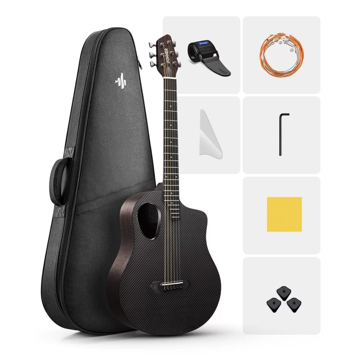 Donner RISING-G1 Carbon Fiber Akustik Gitar Seti (Siyah)